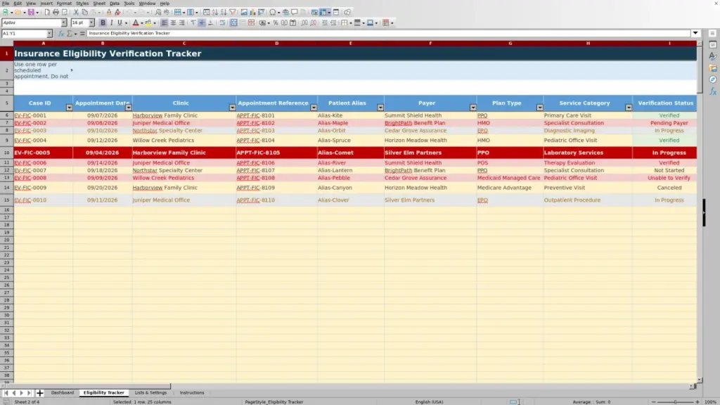 Preview of the Eligibility Tracker sheet in Free Insurance Eligibility Verification Tracker Excel Template 2026