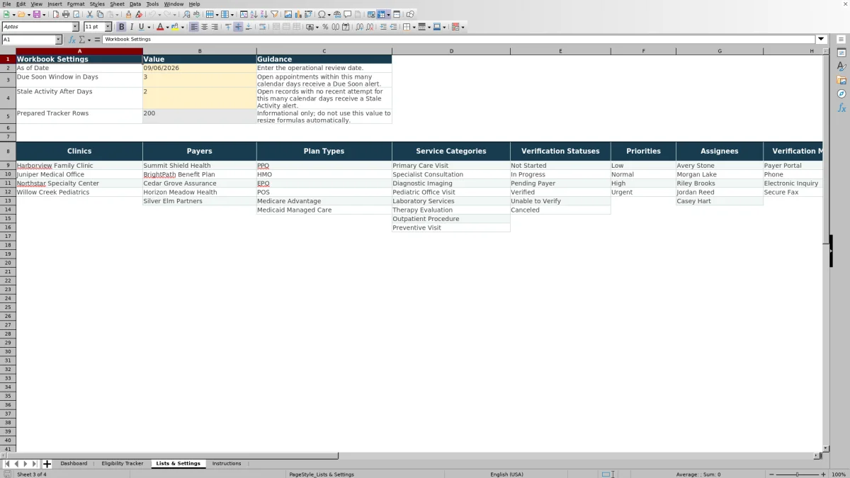 Capture 3 : feuille Lists & Settings — insurance eligibility verification tracker excel