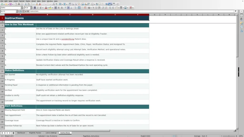 Preview of the Instructions sheet in Free Insurance Eligibility Verification Tracker Excel Template 2026