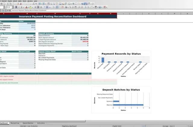 Capture 1 : feuille Dashboard — insurance payment posting reconciliation excel