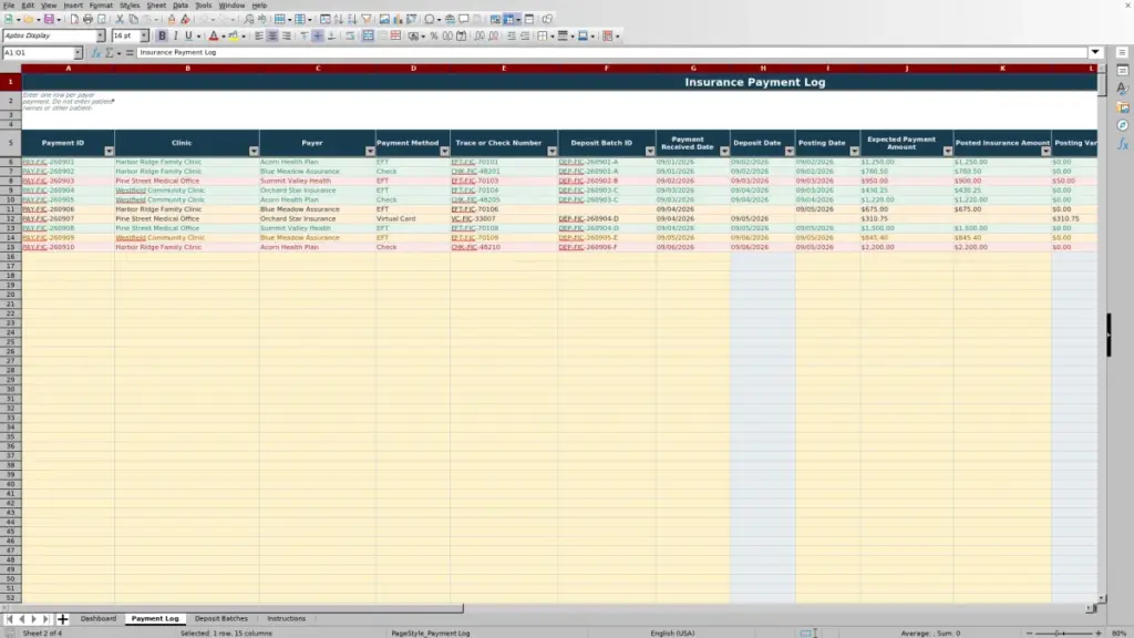 Preview of the Payment Log sheet in Free Insurance Payment Posting Reconciliation Excel Template 2026