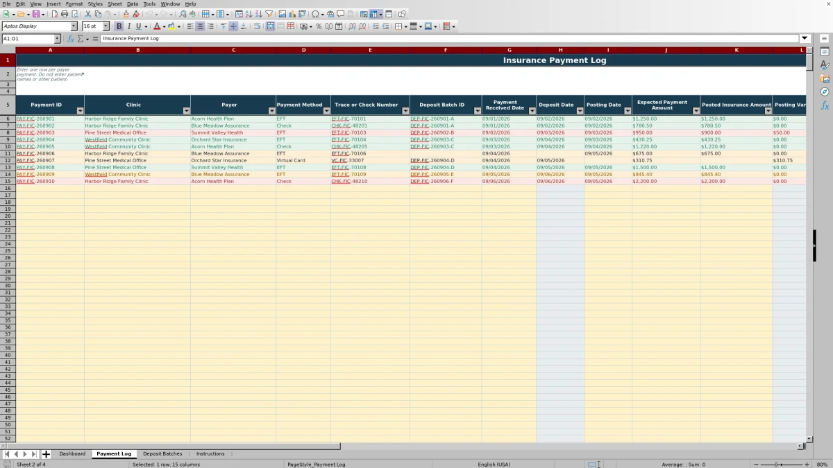 Capture 2 : feuille Payment Log — insurance payment posting reconciliation excel