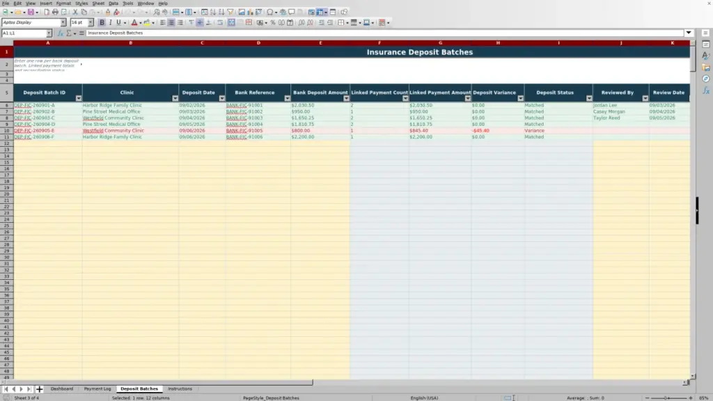 Preview of the Deposit Batches sheet in Free Insurance Payment Posting Reconciliation Excel Template 2026