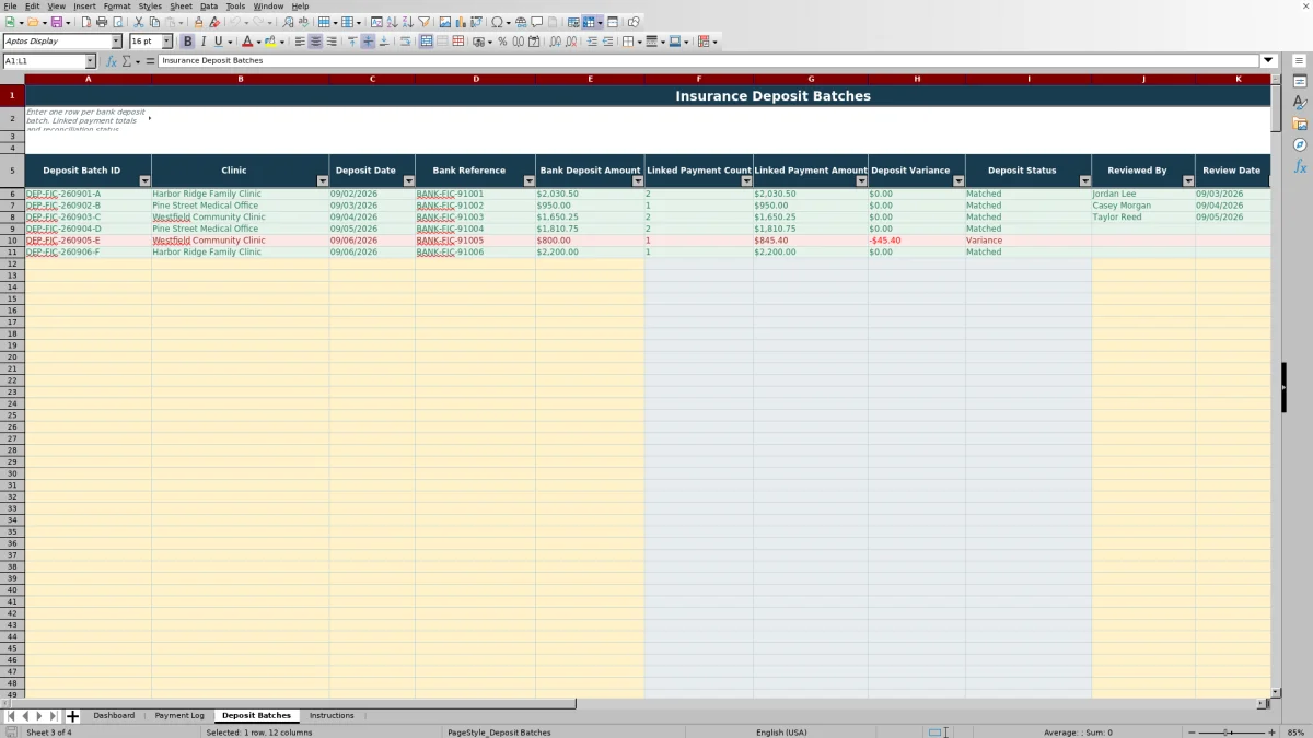 Capture 3 : feuille Deposit Batches — insurance payment posting reconciliation excel