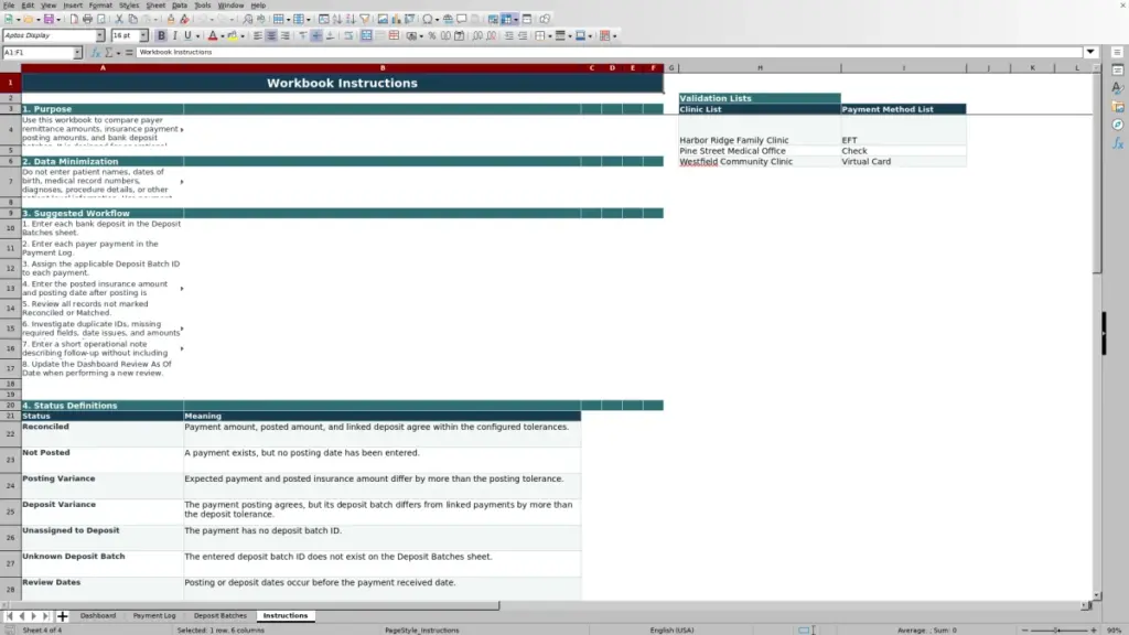 Preview of the Instructions sheet in Free Insurance Payment Posting Reconciliation Excel Template 2026