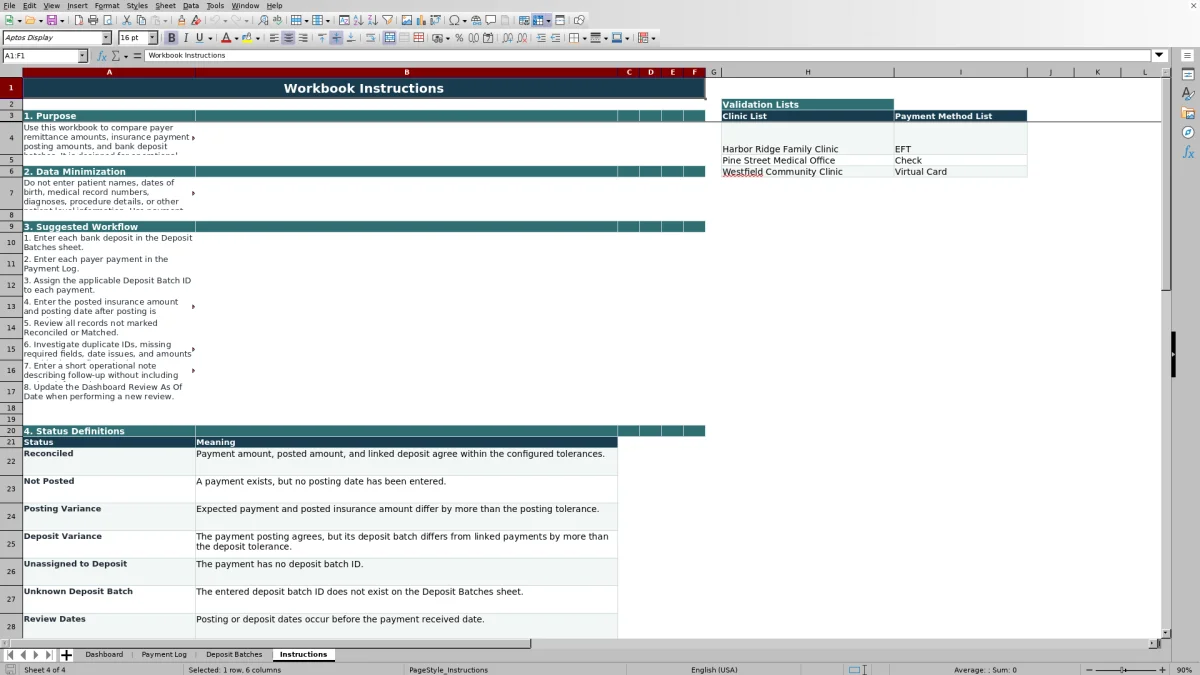 Capture 4 : feuille Instructions — insurance payment posting reconciliation excel