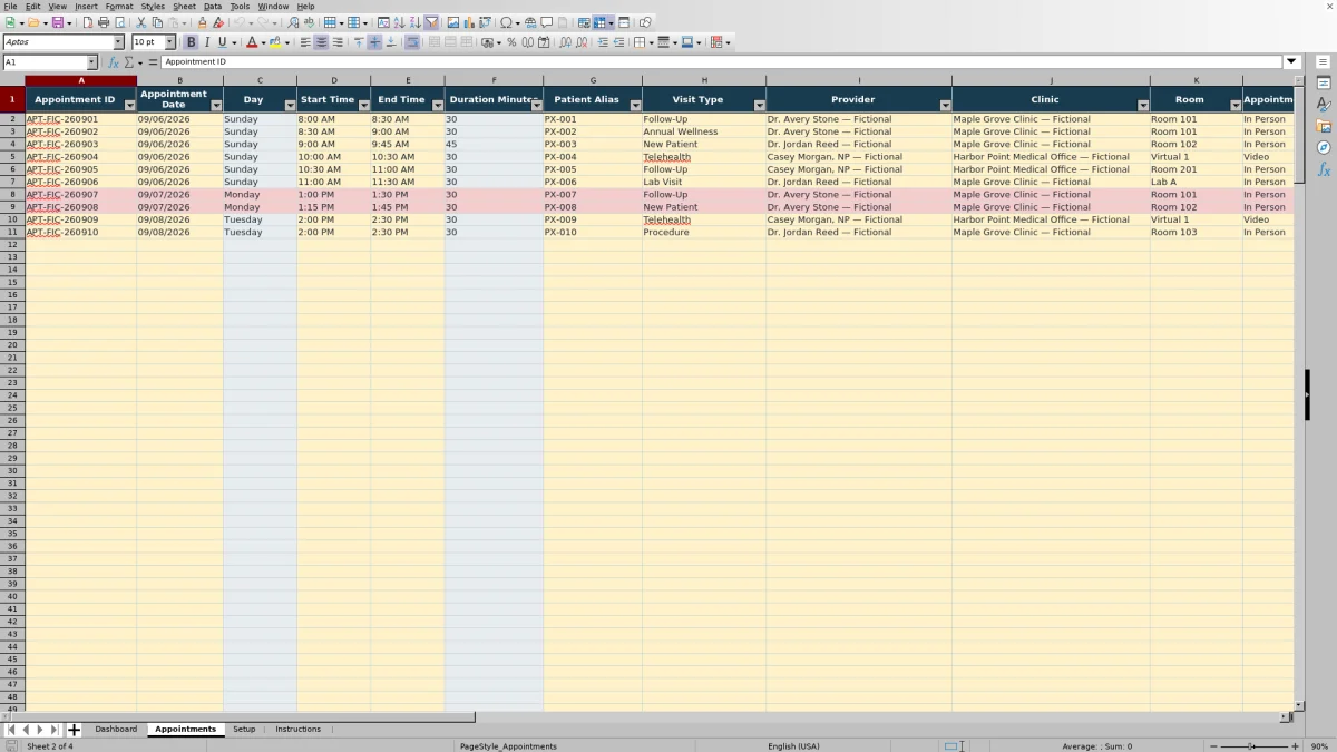 Appointments sheet preview for the medical appointment schedule workbook