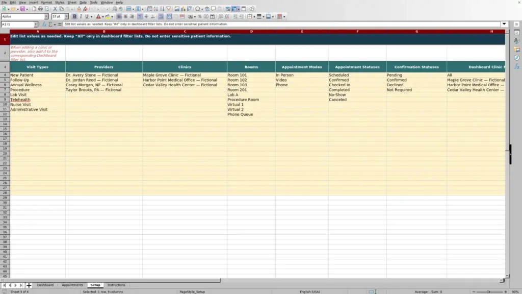 Preview of the Setup sheet in Free Medical Appointment Schedule Excel Template 2026