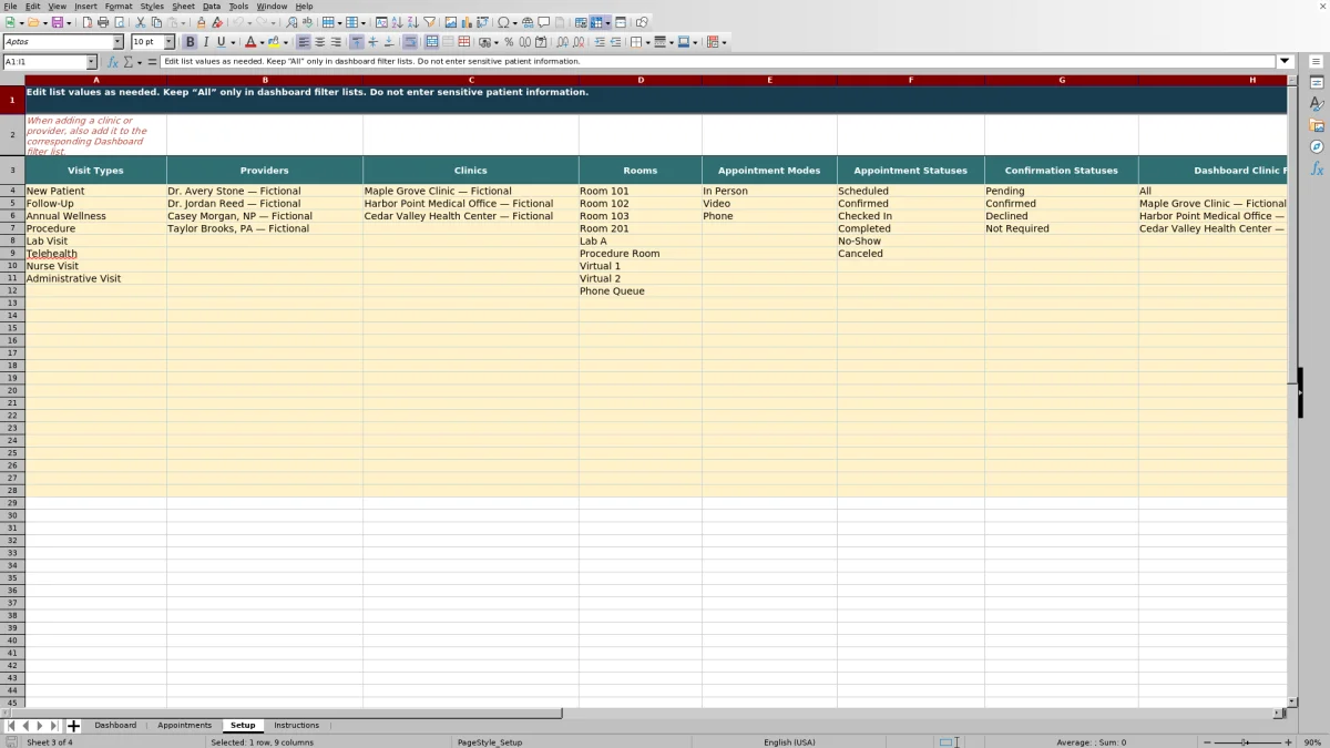 Setup sheet preview for the medical appointment schedule workbook