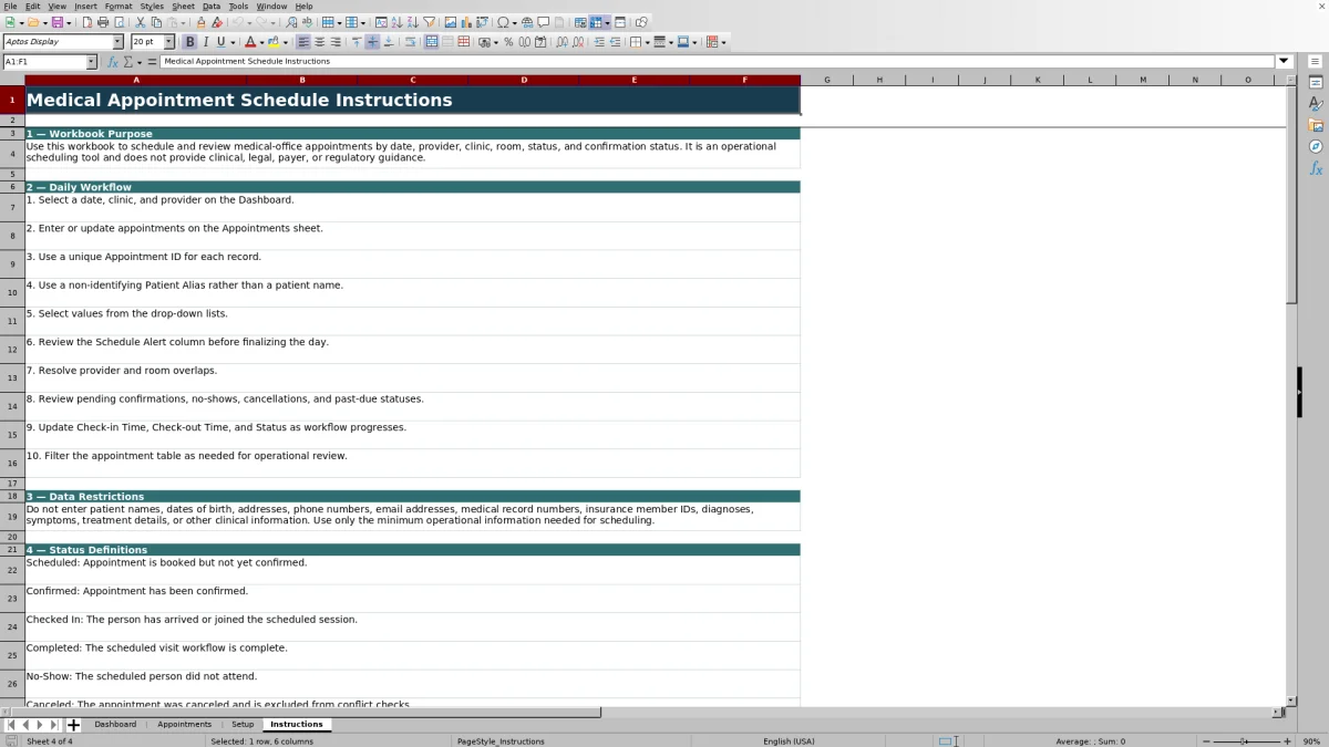 Instructions sheet preview for the medical appointment schedule workbook
