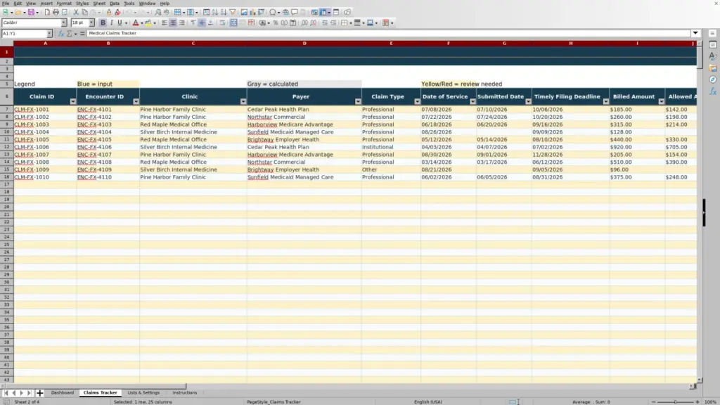 Preview of the Claims Tracker sheet in Free Medical Claims Tracker Excel Template 2026