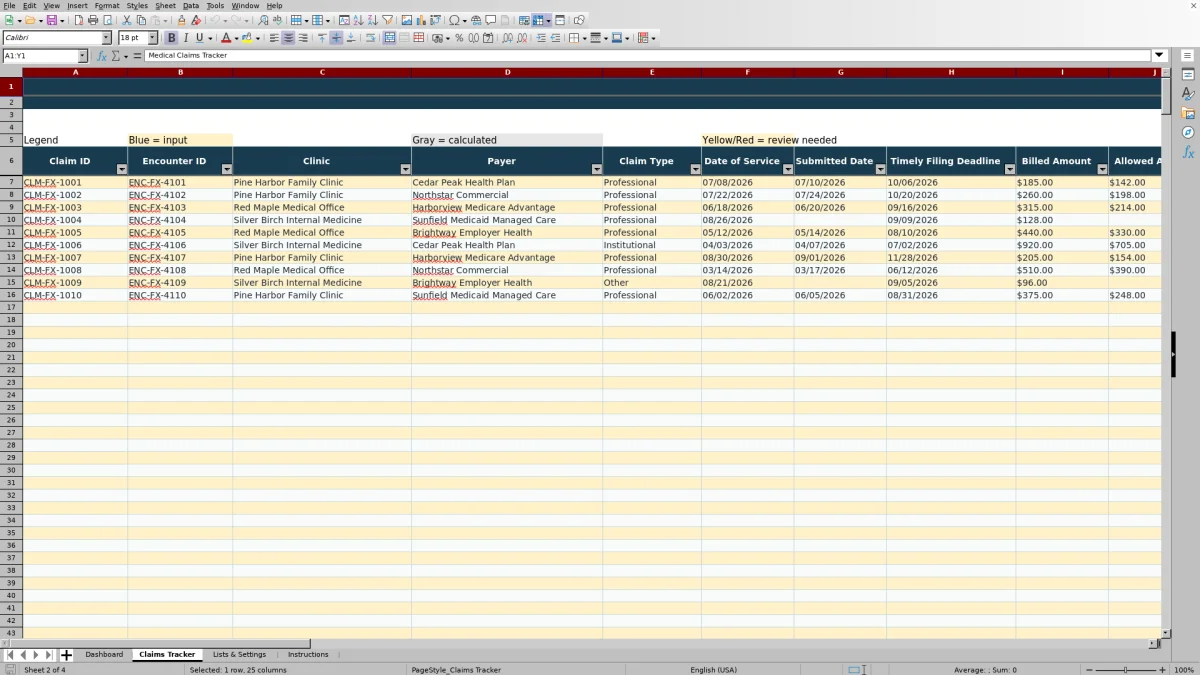 Capture 2 : feuille Claims Tracker — medical claims tracker excel template