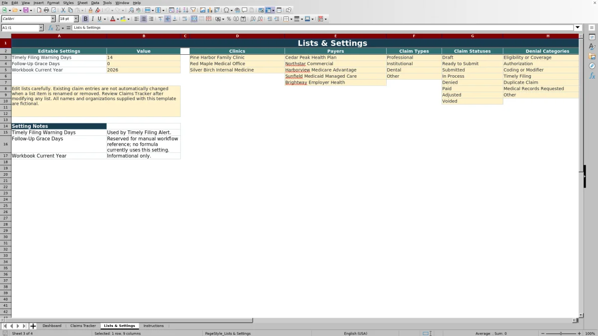 Capture 3 : feuille Lists & Settings — medical claims tracker excel template