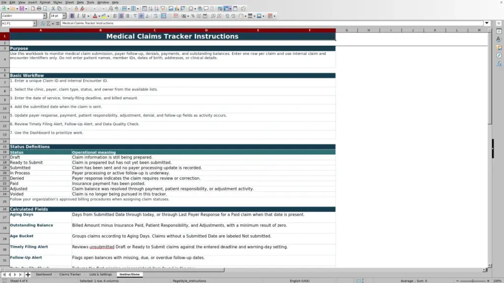 Preview of the Instructions sheet in Free Medical Claims Tracker Excel Template 2026