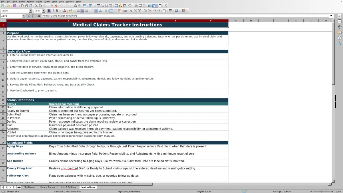 Capture 4 : feuille Instructions — medical claims tracker excel template