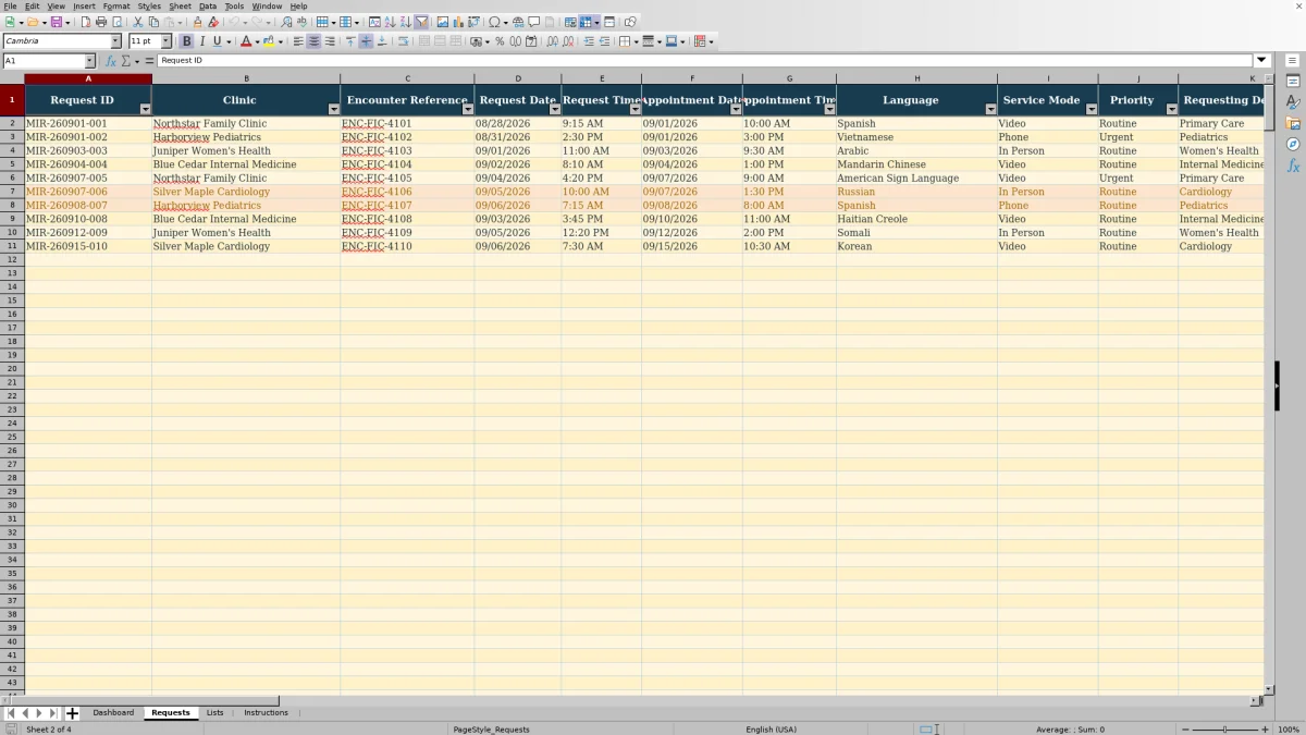 Capture 2 : feuille Requests — medical interpreter request tracker excel