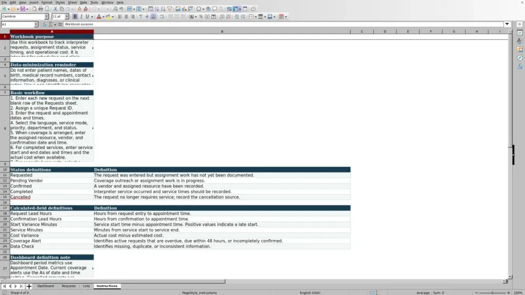 Preview of the Instructions sheet in Free Medical Interpreter Request Tracker Excel Template 2026