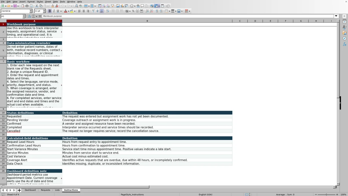 Capture 4 : feuille Instructions — medical interpreter request tracker excel
