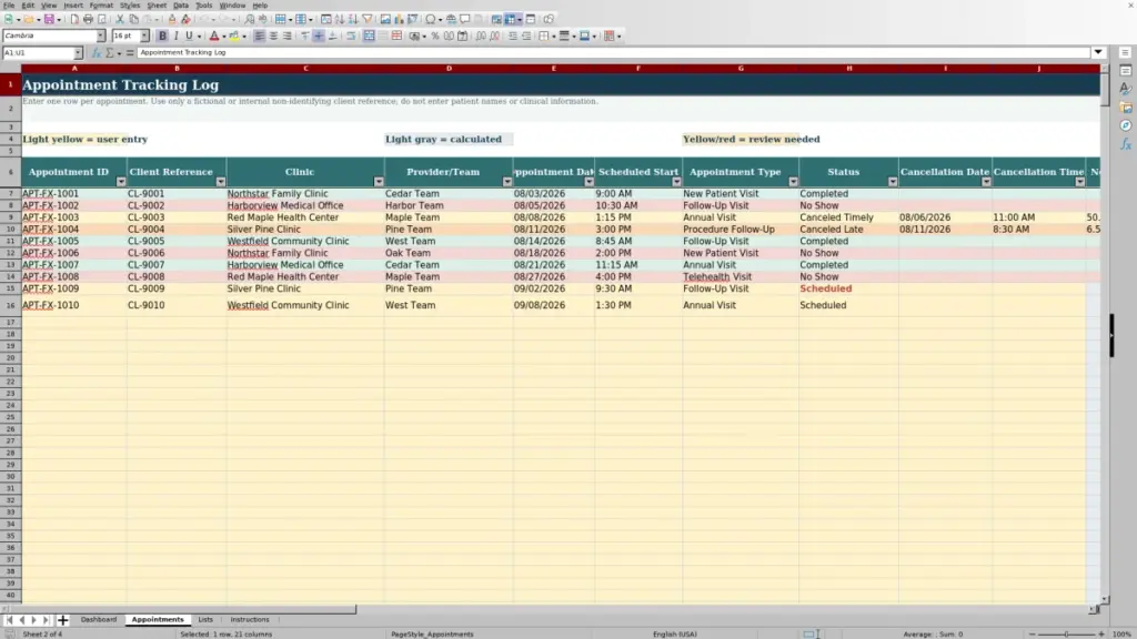 Preview of the Appointments sheet in Free Medical No Show Tracker Excel Template 2026
