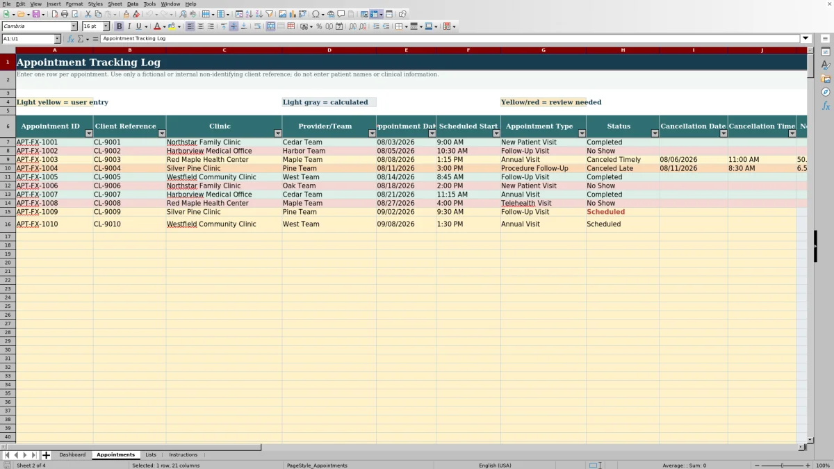Capture 2 : feuille Appointments — medical no show tracker excel