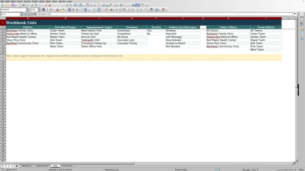 Preview of the Lists sheet in Free Medical No Show Tracker Excel Template 2026