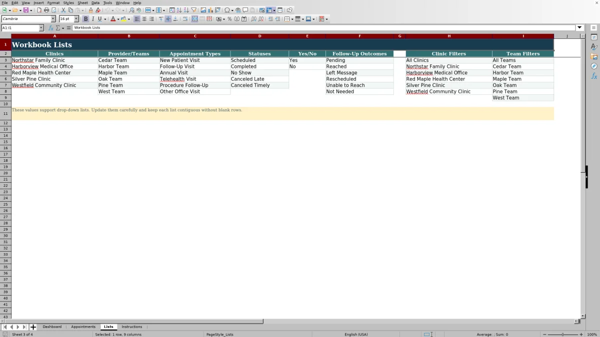 Capture 3 : feuille Lists — medical no show tracker excel