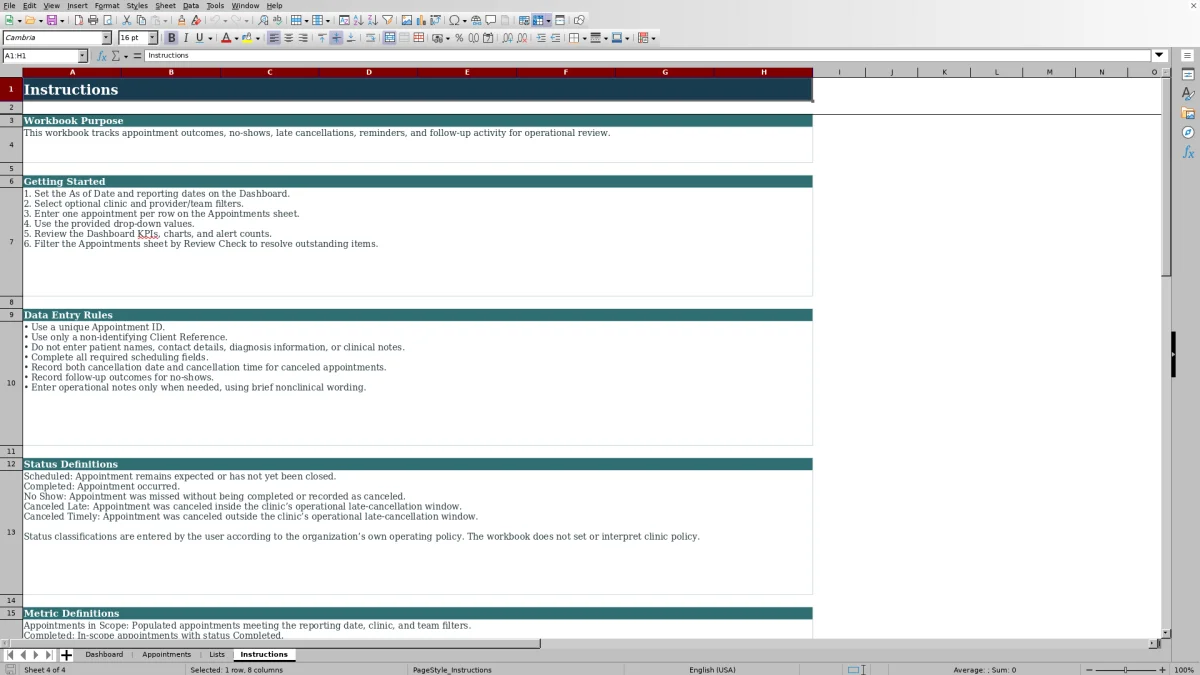Capture 4 : feuille Instructions — medical no show tracker excel