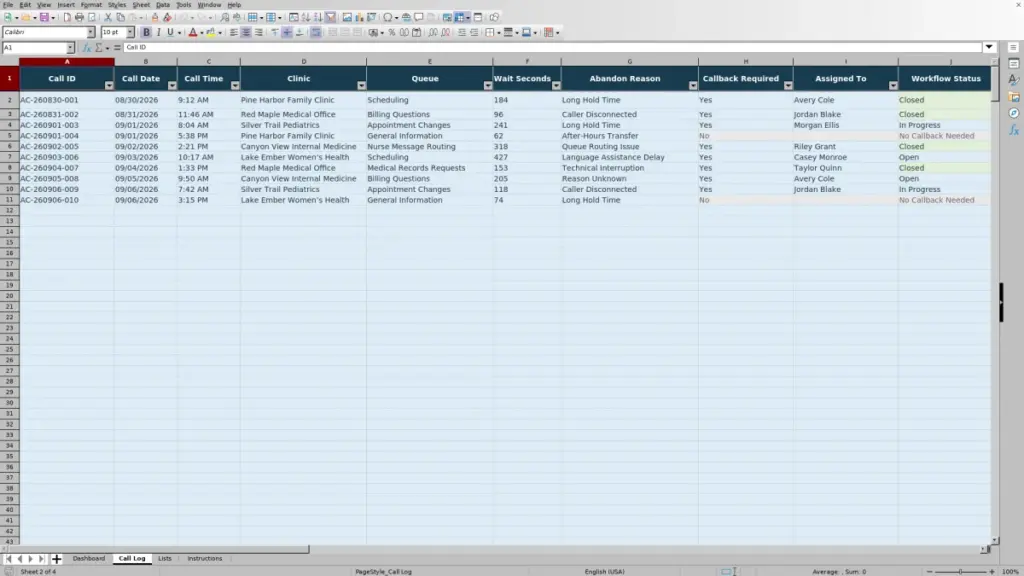 Preview of the Call Log sheet in Free Medical Office Abandoned Call Tracker Excel Template 2026
