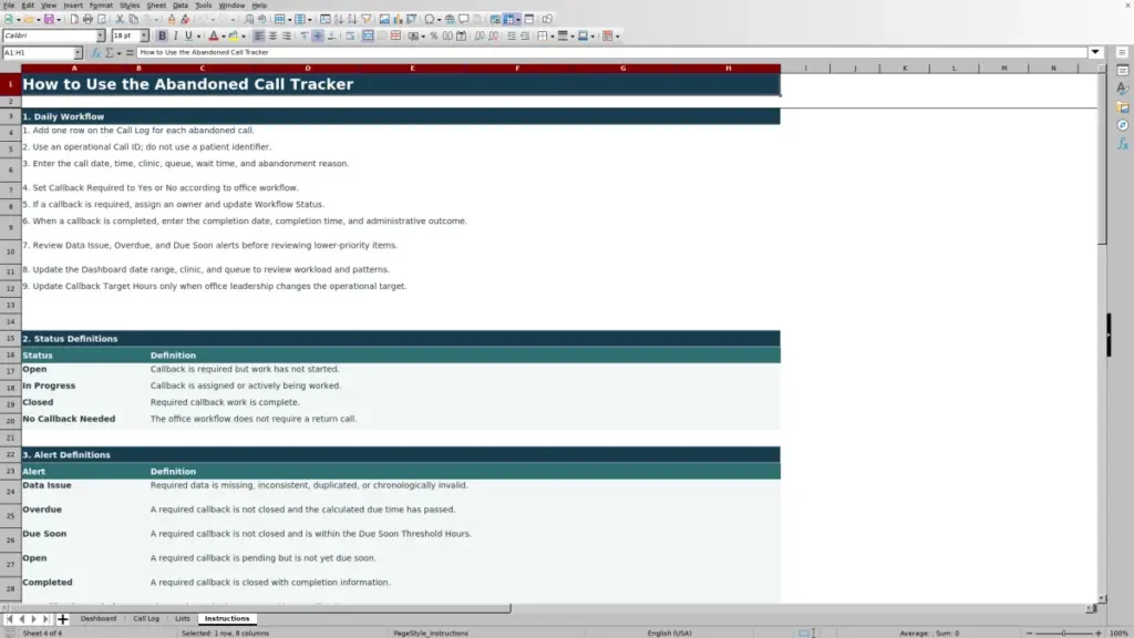Preview of the Instructions sheet in Free Medical Office Abandoned Call Tracker Excel Template 2026