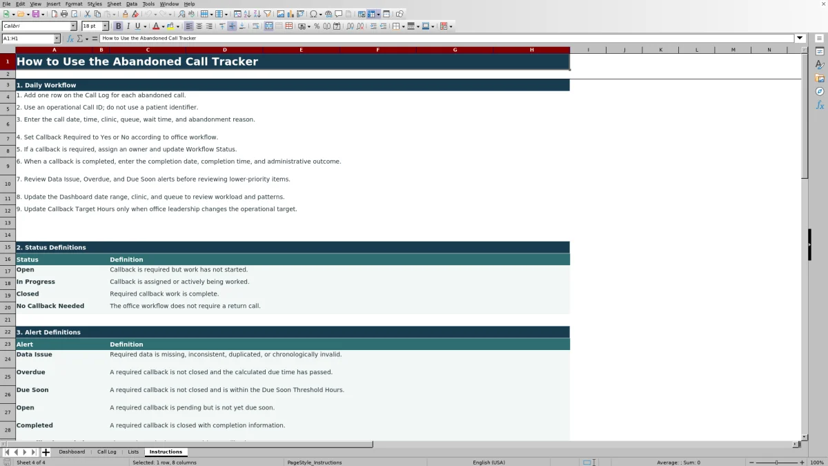 Capture 4 : feuille Instructions — medical office abandoned call tracker excel