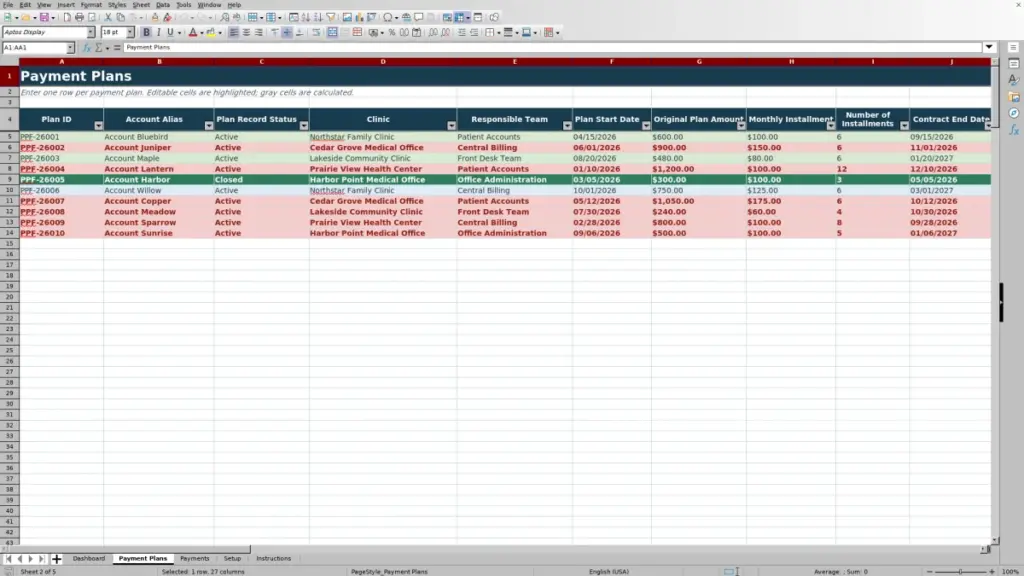 Preview of the Payment Plans sheet in Free Patient Payment Plan Tracker Excel Template 2026