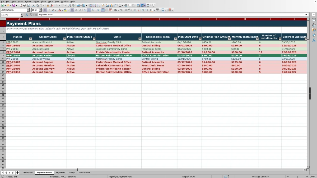 Capture 2 : feuille Payment Plans — patient payment plan tracker excel