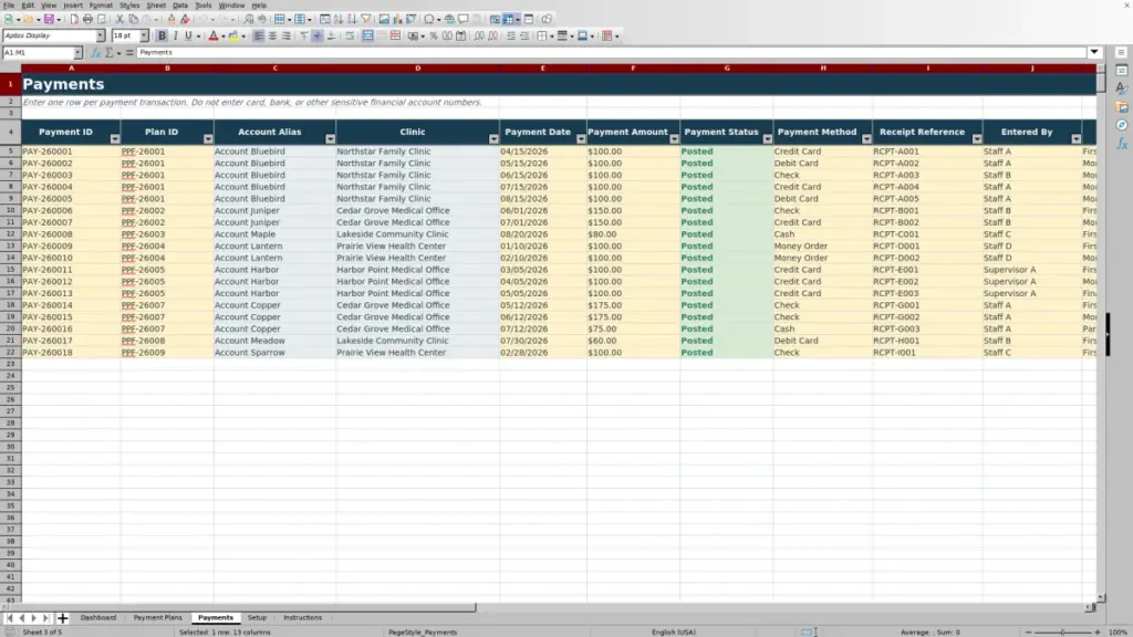 Preview of the Payments sheet in Free Patient Payment Plan Tracker Excel Template 2026