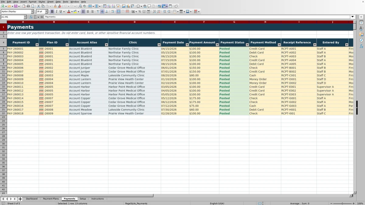 Capture 3 : feuille Payments — patient payment plan tracker excel
