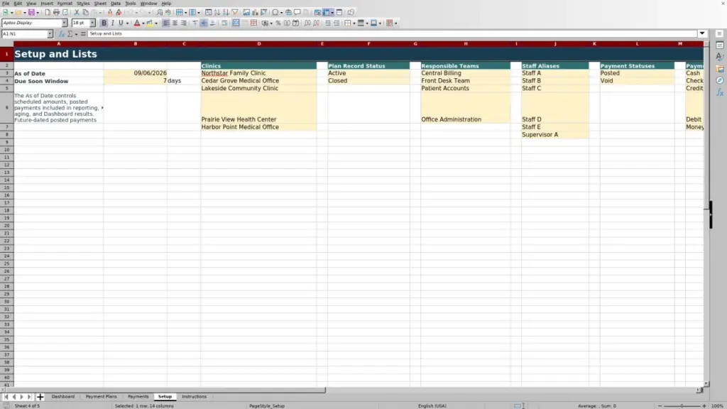 Preview of the Setup sheet in Free Patient Payment Plan Tracker Excel Template 2026