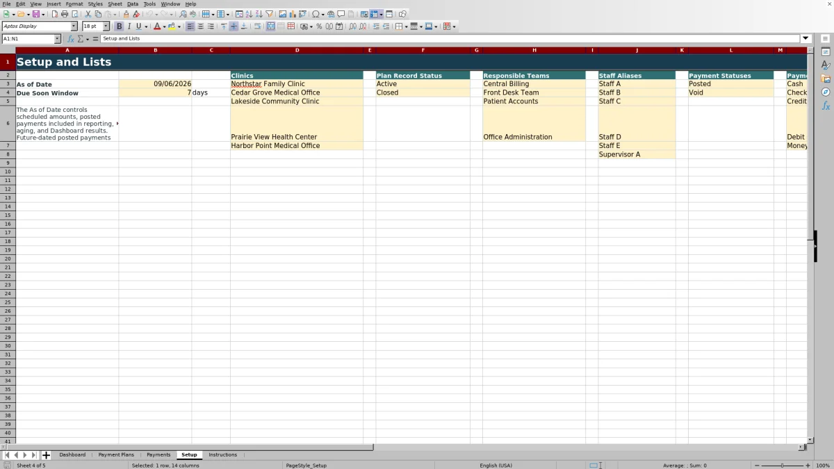 Capture 4 : feuille Setup — patient payment plan tracker excel