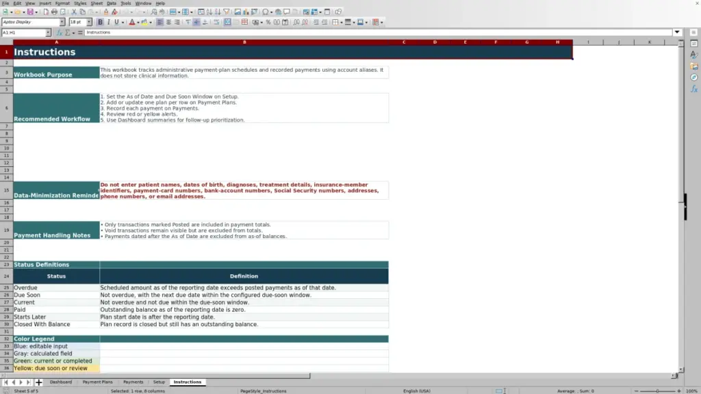 Preview of the Instructions sheet in Free Patient Payment Plan Tracker Excel Template 2026