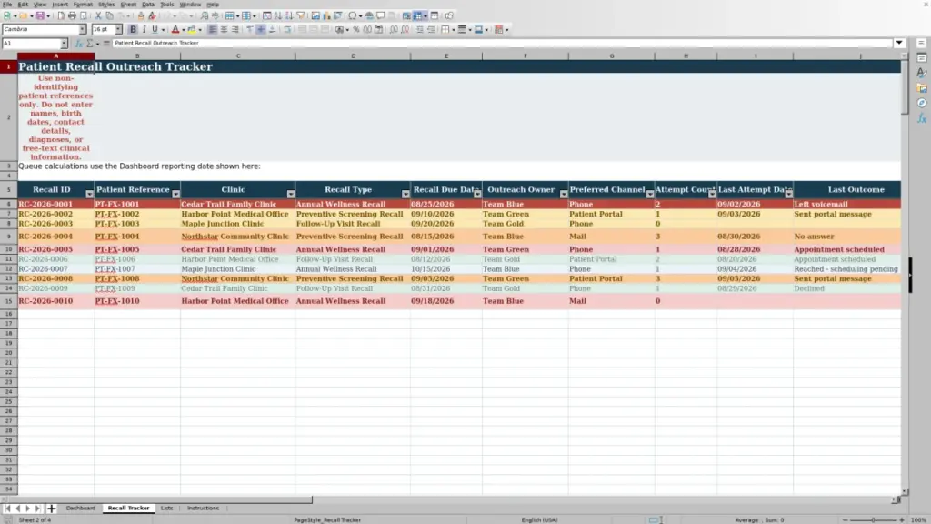 Preview of the Recall Tracker sheet in Patient Recall Outreach Tracker Excel 2026 – Free Template