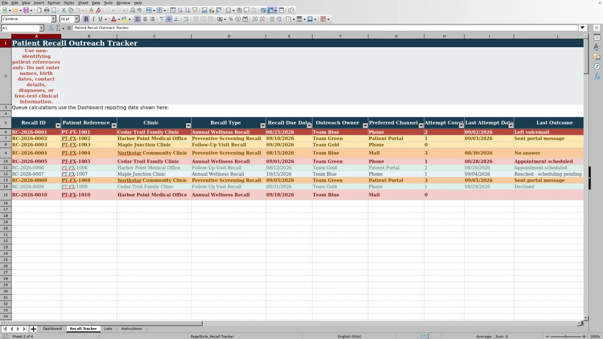 Capture 2 : feuille Recall Tracker — patient recall outreach tracker excel