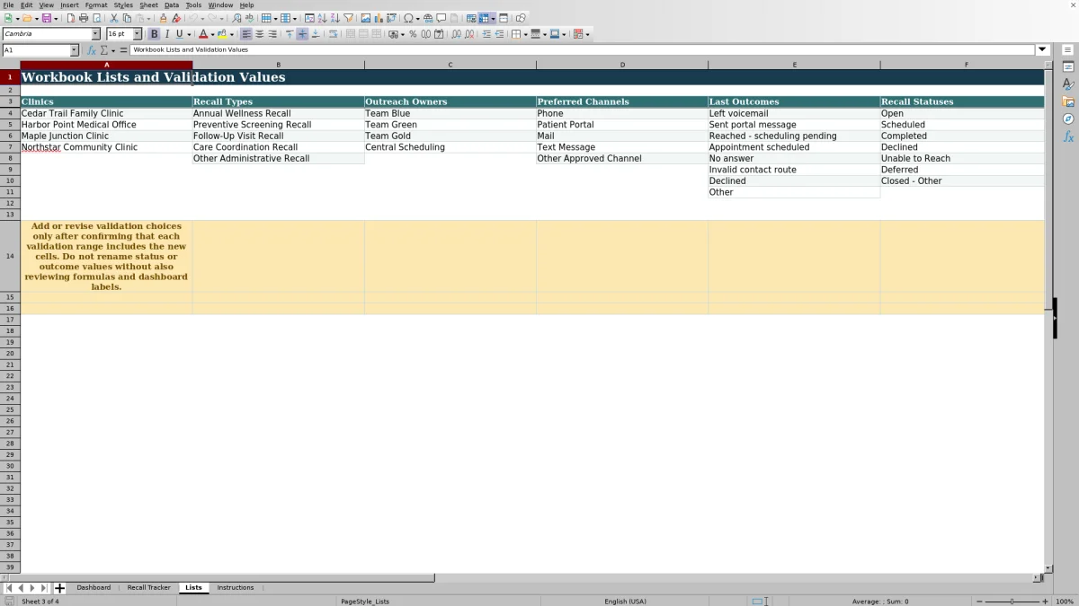 Capture 3 : feuille Lists — patient recall outreach tracker excel