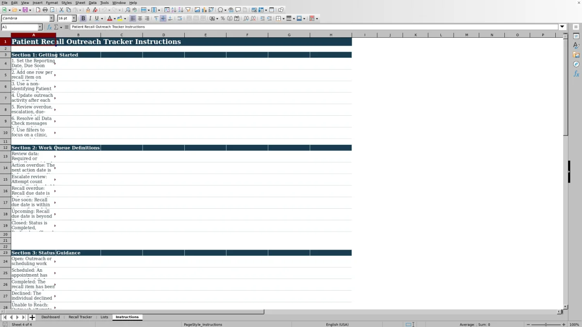 Capture 4 : feuille Instructions — patient recall outreach tracker excel
