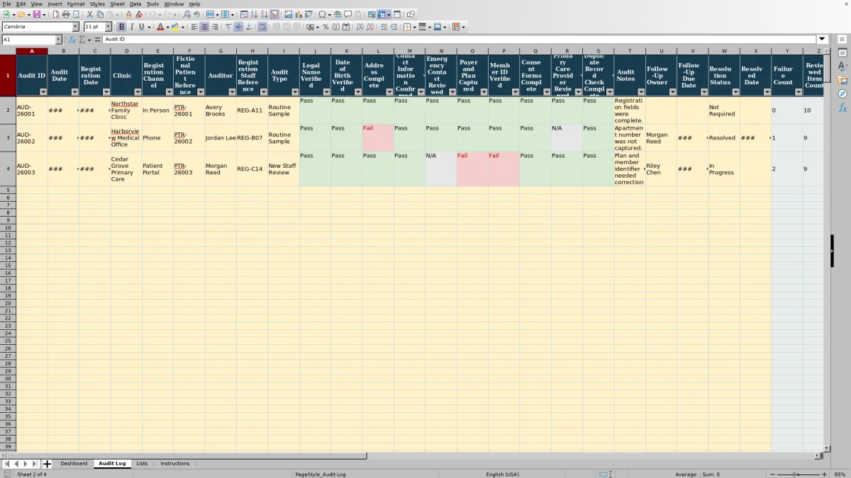 Capture 2 : feuille Audit Log — patient registration audit checklist