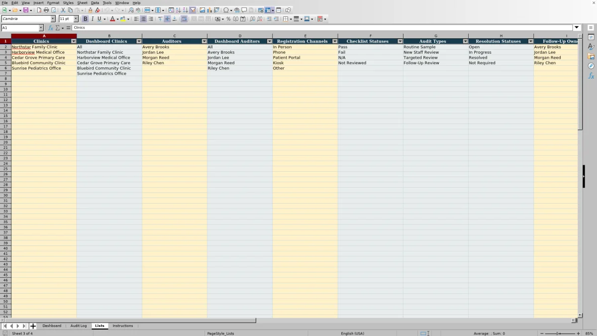 Capture 3 : feuille Lists — patient registration audit checklist
