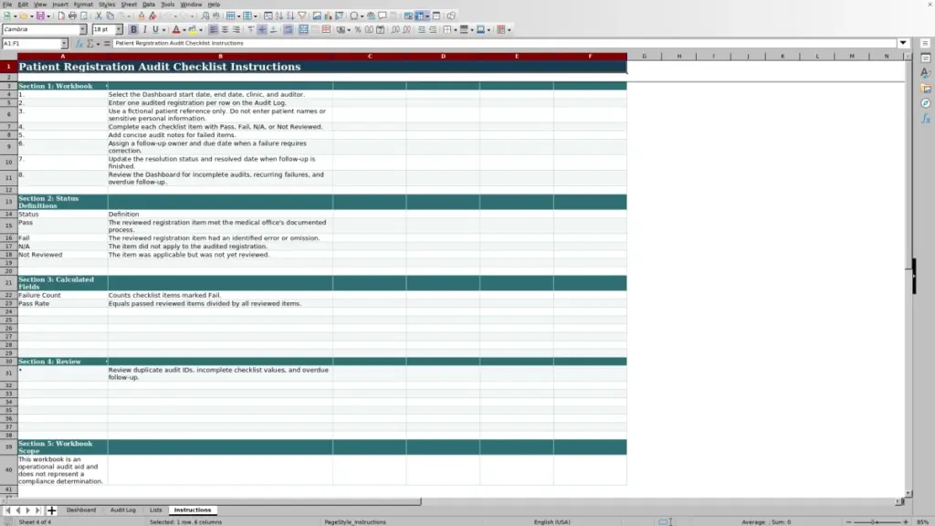 Preview of the Instructions sheet in Free Patient Registration Audit Checklist Excel Template 2026