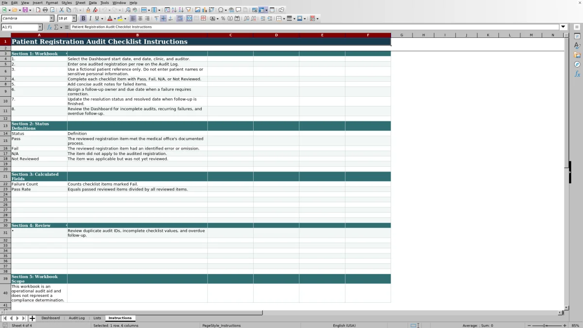 Capture 4 : feuille Instructions — patient registration audit checklist