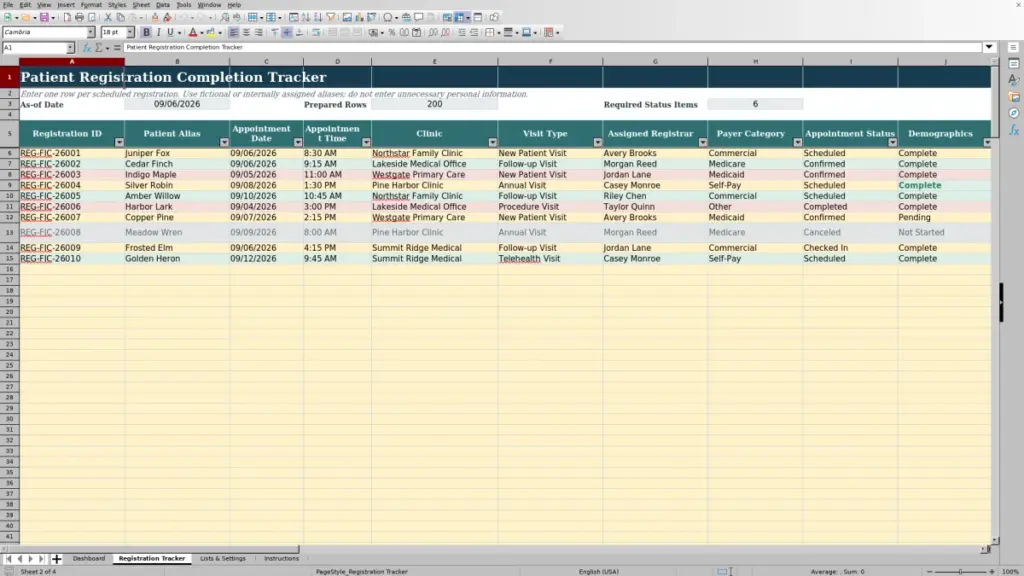 Preview of the Registration Tracker sheet in Free Patient Registration Completion Tracker Excel Template 2026