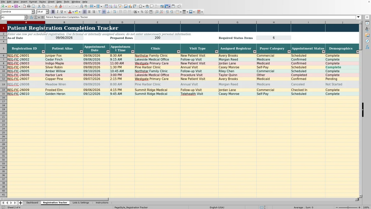 Capture 2 : feuille Registration Tracker — patient registration completion tracker excel