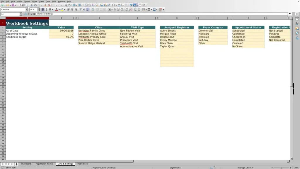 Preview of the Lists & Settings sheet in Free Patient Registration Completion Tracker Excel Template 2026