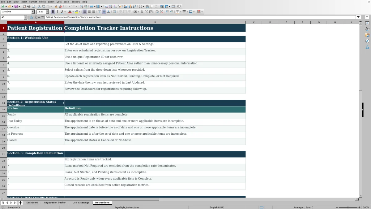 Capture 4 : feuille Instructions — patient registration completion tracker excel