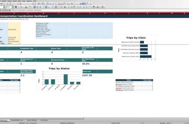Capture 1 : feuille Dashboard — patient transportation coordination log excel